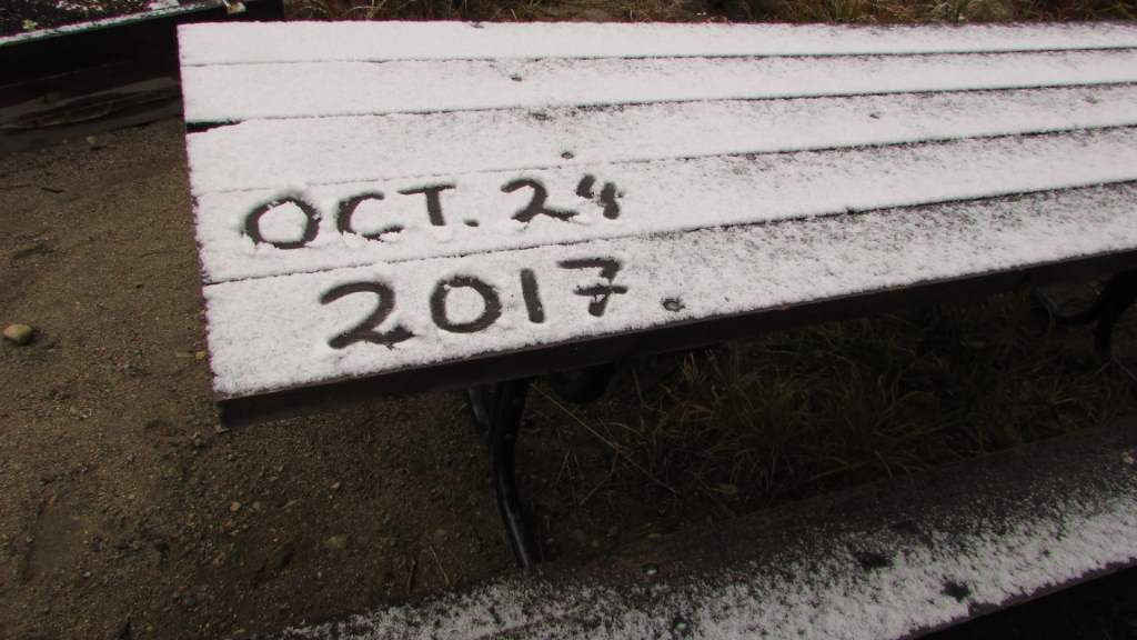 Car windscreen with "Oct 24 2017" drawn in snow.
